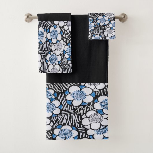 ヴィンテージ日本のブルー伝統的フラワーパターン バスタオルセット (インサイチュ)