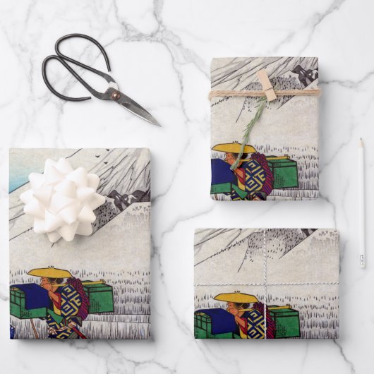 ヴィンテージ日本の山フジウッドブロックプリント ラッピングペーパーシート (正面)