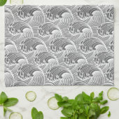 ヴィンテージ日本の波、グレー/グレーと白 キッチンタオル (折り畳み)