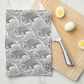 ヴィンテージ日本の波、グレー/グレーと白 キッチンタオル (四つ折り)