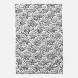 ヴィンテージ日本の波、グレー/グレーと白 キッチンタオル