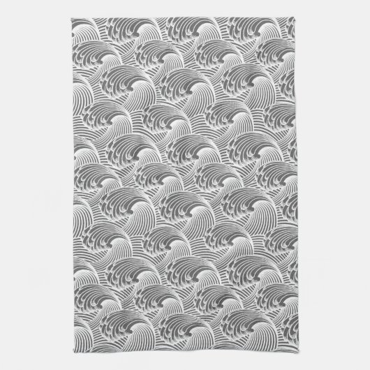 ヴィンテージ日本の波、グレー/グレーと白 キッチンタオル (縦)