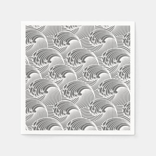 ヴィンテージ日本の波、グレー/グレーと白 スタンダードカクテルナプキン (正面)