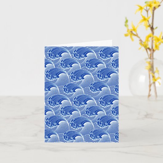ヴィンテージ日本の波、コバルトブルーとホワイト カード (黄色い花)