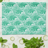 ヴィンテージ日本の波、ジェードグリーンとホワイト キッチンタオル (折り畳み)