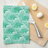 ヴィンテージ日本の波、ジェードグリーンとホワイト キッチンタオル (四つ折り)
