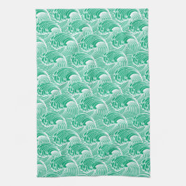 ヴィンテージ日本の波、ジェードグリーンとホワイト キッチンタオル