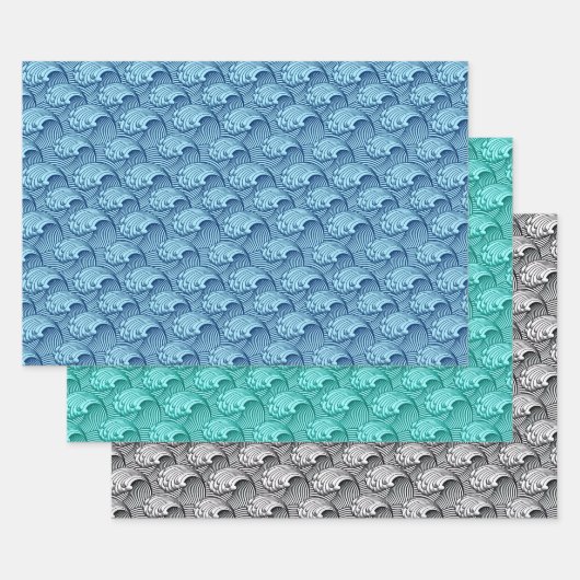 ヴィンテージ日本の波，青。ターコイズ，黒/白 ラッピングペーパーシート (セット)