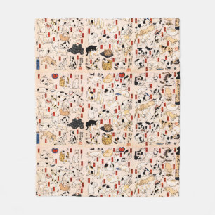 ヴィンテージ日本の猫不気味な木版浮世絵 フリースブランケット