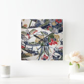 ヴィンテージ日本の着物織物(備形) スクエア壁時計 (ホーム)