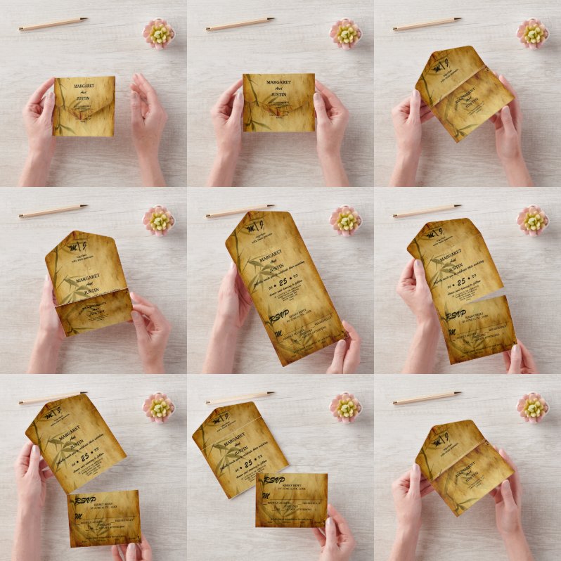 ヴィンテージ日本の結婚式竹書道アート オールインワン招待状