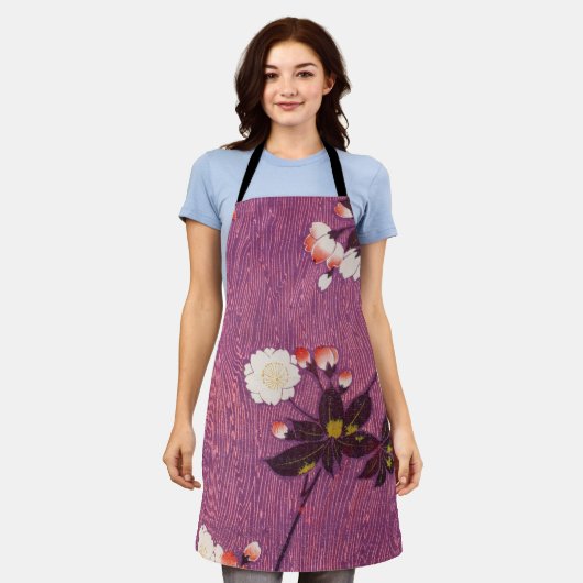 ヴィンテージ日本の織さくらんぼ花 エプロン (着用した状態)