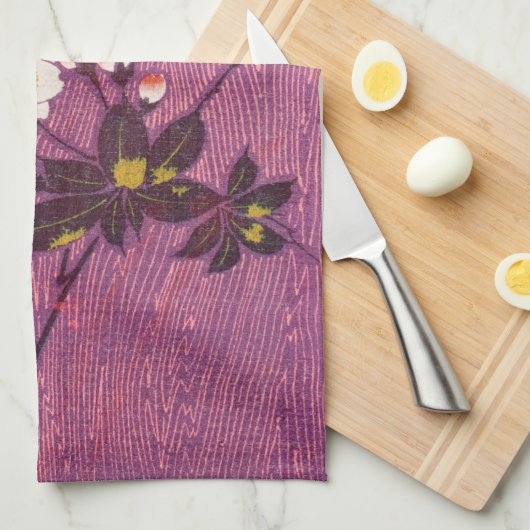 ヴィンテージ日本の織さくらんぼ花 キッチンタオル (四つ折り)