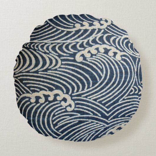 ヴィンテージ日本の織物、波模様 ラウンドクッション (正面)
