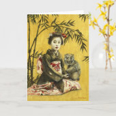 ヴィンテージ日本の芸者と鬼の挨拶カード カード (黄色い花)