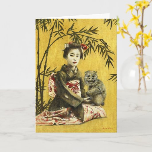 ヴィンテージ日本の芸者と鬼の挨拶カード カード (黄色い花)