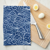 ヴィンテージ日本の雲、コバルトブルーとホワイト キッチンタオル (四つ折り)