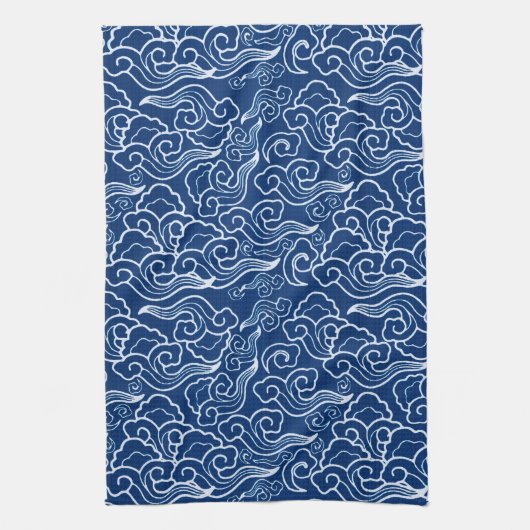 ヴィンテージ日本の雲、コバルトブルーとホワイト キッチンタオル (縦)