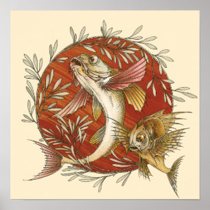 ヴィンテージ日本の飛んでいる入り竹葉魚 ポスター