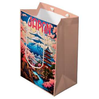 ヴィンテージ日本塔とさくらんぼの花 ミディアムペーパーバッグ