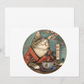 ヴィンテージ日本美術ハッピーキャットと一杯のお茶 招待状 (正面/裏面)