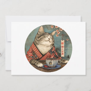 ヴィンテージ日本美術ハッピーキャットと一杯のお茶 招待状