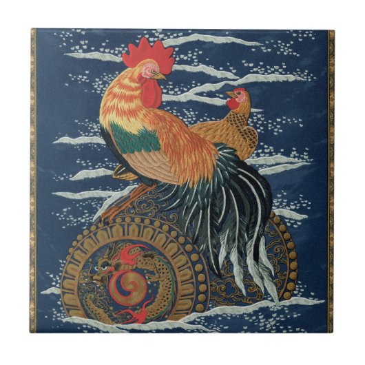 ヴィンテージ日本鶏龍アート タイル (正面)