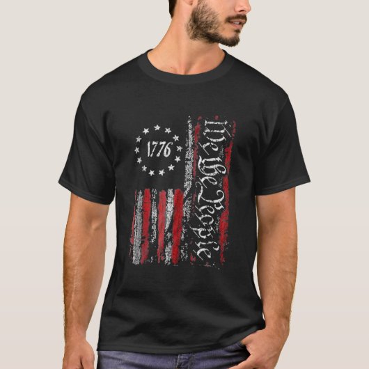 ヴィンテージ旧アメリカ国旗の愛国的1776我々はペ Tシャツ (正面)