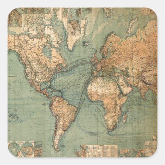 ヴィンテージ旧アンティークの世界地図 スクエアシール (正面)