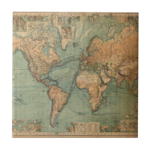 ヴィンテージ旧アンティークの世界地図 タイル (正面)