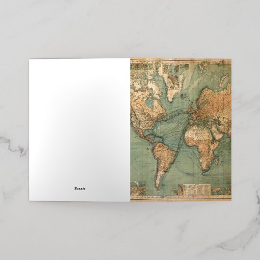 ヴィンテージ旧アンティークの世界地図 箔グリーティングカード (外側レイダウン)