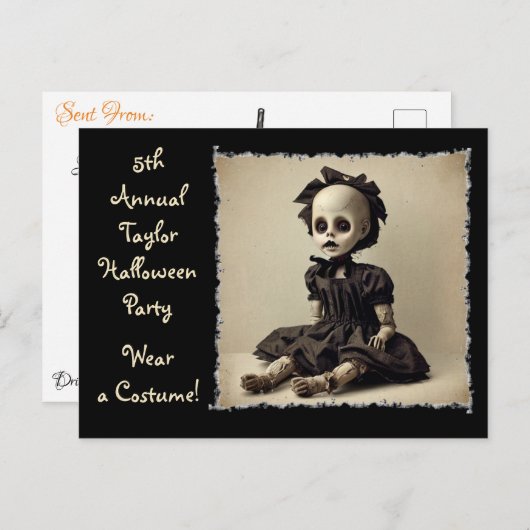 ヴィンテージ旧不気味な人形ハローウィンパーティ招待状 ポストカード (正面/裏面)