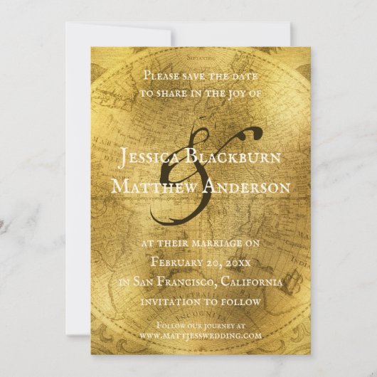 ヴィンテージ旧世界地図アンティーク金ゴールドのカスタマイズ セーブザデート (正面)