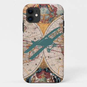 ヴィンテージ旧世界地図飛行機パイロット事例 iPhone 11 ケース