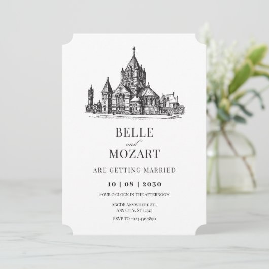 ヴィンテージ旧教会ミニマル結婚リスト 招待状 (スタンド正面)