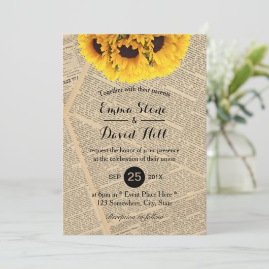 ヴィンテージ旧新聞カントリーサンフラワー結婚ズ 招待状 (スタンド正面)