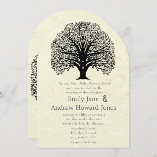 ヴィンテージ旧紙スワールツリー結婚式招待状 招待状 (正面/裏面)