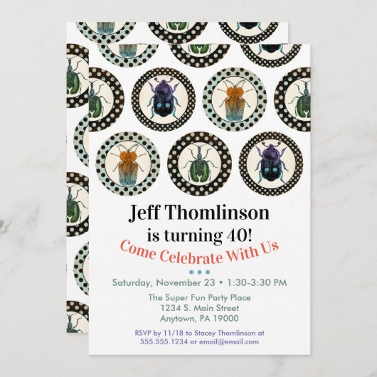 ヴィンテージ昆虫誕生日招待状科学パーティー 招待状 (正面/裏面)