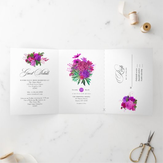 ヴィンテージ明るい赤紫色とパープルシャビーフローラ結婚ズ 三つ折り招待状 (内部)