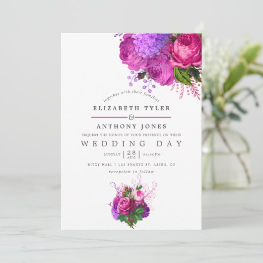 ヴィンテージ明るい赤紫色とパープルシャビーフローラ結婚ズ 招待状 (スタンド正面)