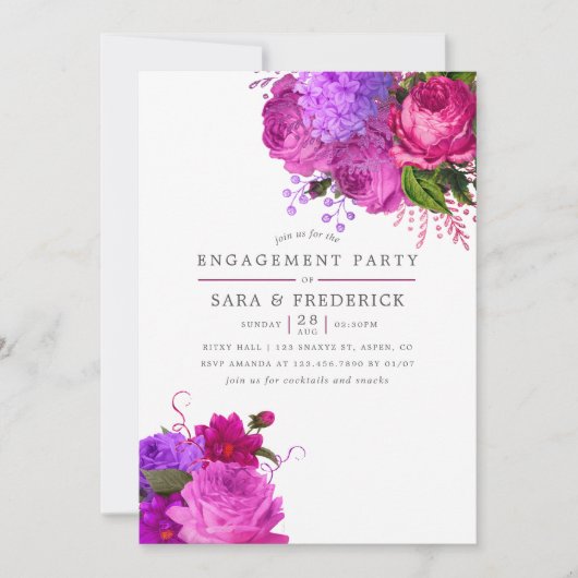 ヴィンテージ明るい赤紫色とパープルシャビー婚約パーティ 招待状 (正面)