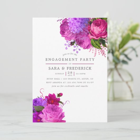 ヴィンテージ明るい赤紫色とパープルシャビー婚約パーティ 招待状 (スタンド正面)
