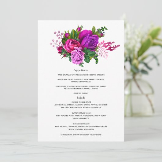 ヴィンテージ明るい赤紫色とパープルフローラ結婚ズ メニュー (スタンド正面)