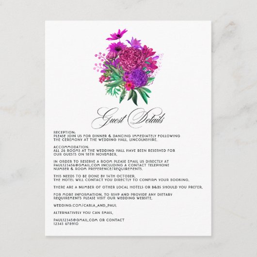 ヴィンテージ明るい赤紫色とパープル結婚ズゲスト詳細 エンクロージャーカード (正面)