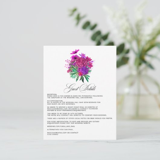 ヴィンテージ明るい赤紫色とパープル結婚ズゲスト詳細 エンクロージャーカード (スタンド正面)