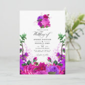 ヴィンテージ明るい赤紫色とパープル結婚フローラの写真イン 招待状 (スタンド正面)
