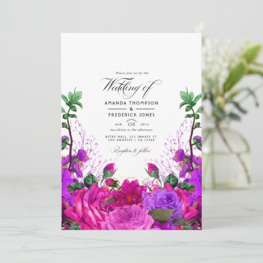 ヴィンテージ明るい赤紫色と紫のフローラ結婚の写真 招待状 (スタンド正面)