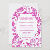 ヴィンテージ明るい赤紫色ピンク花柄結婚鳥 招待状 (正面)