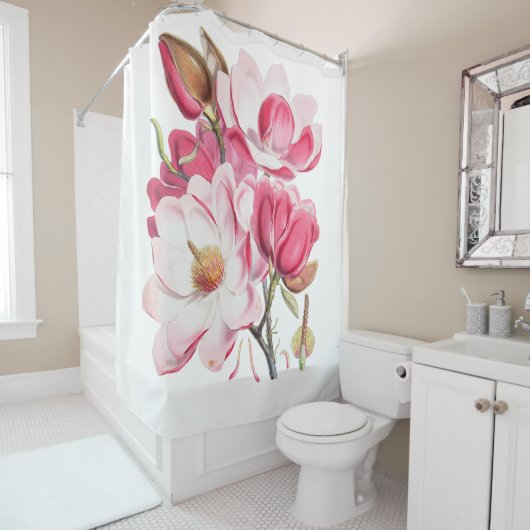 ヴィンテージ明るい赤紫色赤面ピンクエレガントフローラ シャワーカーテン (インサイチュ)