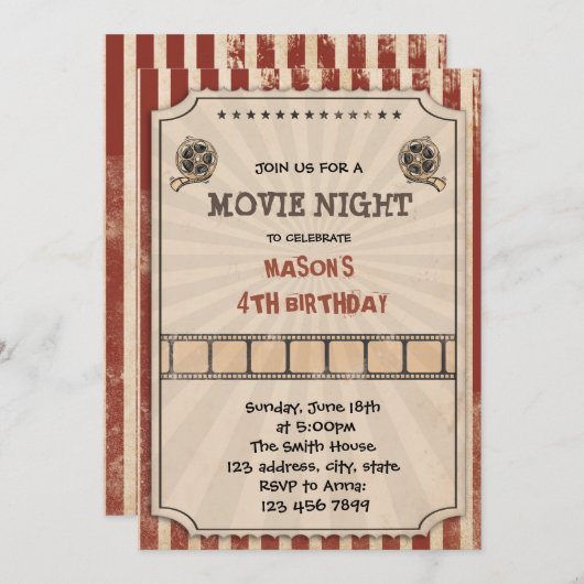 ヴィンテージ映画チケットパーティ招待状 招待状 (正面/裏面)